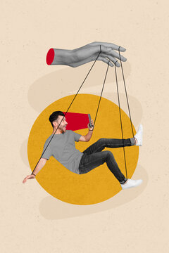 Vertical design collage photo of young man zombie addicted hold phone hanging ropes mass media manipulation isolated on beige background Generative AI