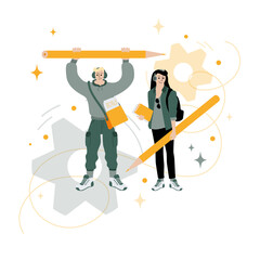 Young students, boy and girl witn headphones and big pencils. Studing vector concept. Back to school illustration.