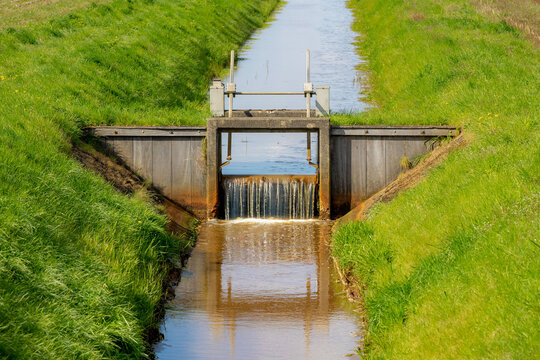 Irrigation concept, A small canal or ditch with little dam or water barrier for agriculture, Farmland in countryside of Holland with green grass meadow, Dutch water management system, Netherlands.