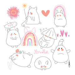 Rabbit set. Cute rabbit in kawaii style and rainbows, sun, hearts, flower.Vector illustration.