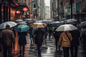 Fototapeta premium People walking on city streets with umbrellas on a rainy day. Ai generated.