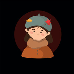 Autumn girl in beret, coat and leaves it her head . Vector illustration, sticker.