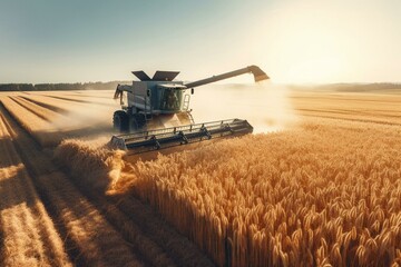 Agricultural combine harvesting wheat in panoramic view. Panoramic banner. Generative AI