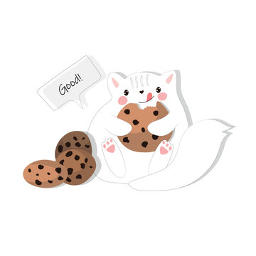 The cat is eating cookies. Vector illustration.