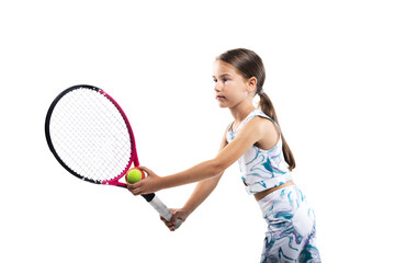 Obraz na płótnie Canvas Young female tennis player. Little girl posing with racket and ball isolated on white background.