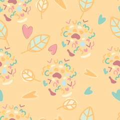 Confetti. Seamless cartoon pattern with hearts, leaf, spots and lines.