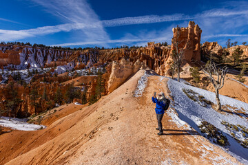 United States, Utah, Bryce Canyon National Park, Senior blonde woman hiking