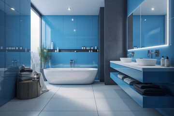  Modern bathroom, clean minimalistic interior design, light blue and white colors. Super photo realistic background, generative ai illustration.
