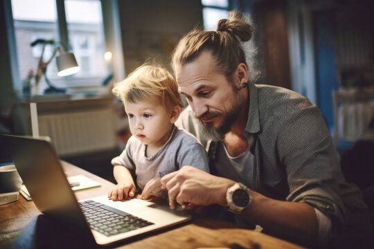 Father And Young Son Using A Laptop Together, Teaching Valuable Digital Skills While Bonding And Sharing Quality Time, Generative Ai