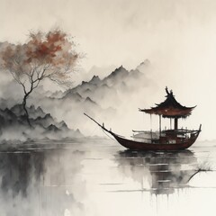 Obraz premium japanese, design, ancient, korean, art, background, traditional, chinese, illustration, painting, oriental, vector, wallpaper, asian, vintage, graphic, drawing, culture, chinese temple in the morning