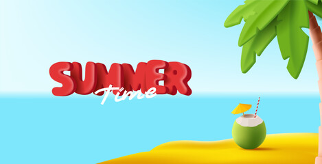 Summer travel 3d composition, coconut cocktail on the beach with beautiful view and palms