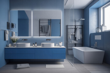 Fototapeta na wymiar Modern bathroom, clean minimalistic interior design, light blue and white colors. Super photo realistic background, generative ai illustration.