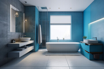 Fototapeta na wymiar Modern bathroom, clean minimalistic interior design, light blue and white colors. Super photo realistic background, generative ai illustration.