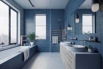 Naklejka na ściany i meble Modern bathroom, clean minimalistic interior design, light blue and white colors. Super photo realistic background, generative ai illustration.