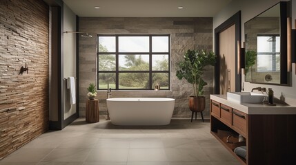 Spa-inspired bathroom, natural materials, minimalist design, relaxation, rejuvenation. generative ai