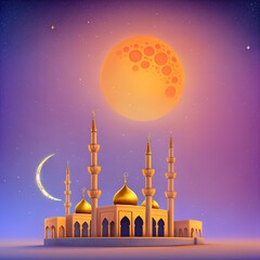 The image features a purple mosque with gold domes and spires, situated on an island in the middle of a lake. The sky is purple, and there is a large orange moon in the background