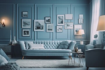 Monochrome pastel blue room interior with furniture and accessories. Light backdrop for web, presentations or picture frames. Generative AI