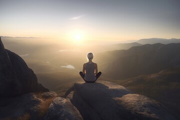 girl from the back doing yoga on the top of the mountain at sunrise, concept of relaxation, generative ai