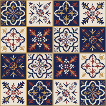 Colorful patchwork tiles floral pattern Arabic style. Vector ethnic colorful Moroccan, Portuguese tiles seamless pattern. Trendy mosaic tile stickers design. Use for home interior decoration elements.