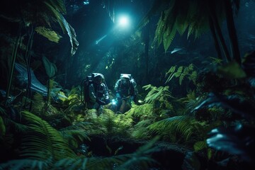 astronaut in dense jungle explores fauna, world knowledge concept. exploration, generative ai