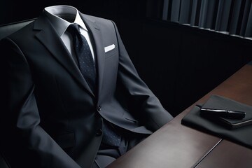 classic business suit without a man sitting at a table on a gray background. generative ai