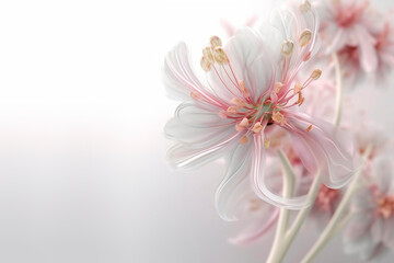 Beautiful abstract flowers on light blurred background with copy space. Generative AI.