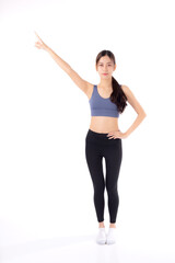 Portrait of beautiful young asian woman in sportwear smile and presenting isolated on white background, sport and exercise for health and weightloss, female and slimming showing something.