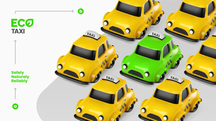 3d electric green taxi car service. Eco city cab vector illustration. Modern ecological urban taxi fleet. Yellow and green Cabs on light background banner template Generative AI