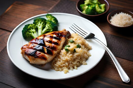 A protein-rich plate of grilled chicken breast, served with fiber-filled steamed broccoli and healthy brown rice. Generated by AI
