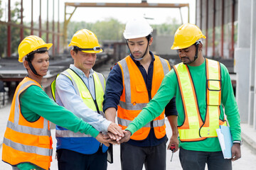 Group teamwork architect harmonious with hands for achievement together, engineer and construction site, team builder and contractor development residential while successful, colleague and friendship.