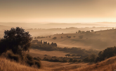 Fototapeta na wymiar Fairytale, misty morning in the most picturesque part of Tuscany, val de orcia valleys. Background of tuscan landscape summer morning sunrise, in the style of light beige and amber, spatial. AI