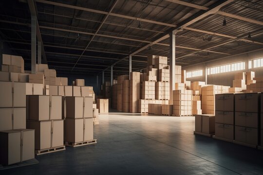 a large warehouse with boxes. Rows of shelves with goods boxes in modern industrial warehouse store at factory warehouse storage, generative ai