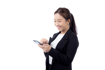 Fototapeta premium Portrait young asian businesswoman using smartphone isolated on white background, business woman standing and looking smart phone with confident, female using telephone, cut out, one person.