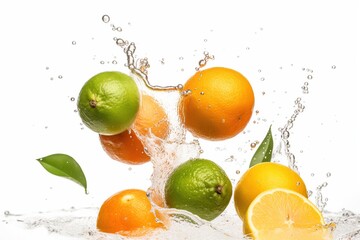 fruits oranges lemons and limes in splashes of water on a white background. generative ai