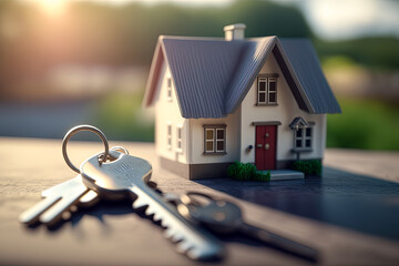 House key and house model, sunlight background. Mortgage, investment, real estate, property and new home concept. Made with Generative AI - obrazy, fototapety, plakaty