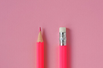 Pink pencil tip and eraser on pink background - Concept of women and creative thinking