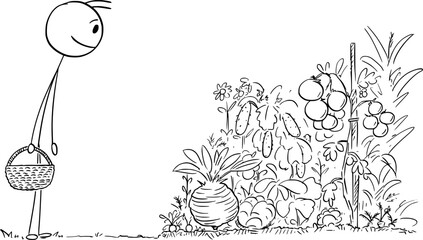 Happy Gardener Looking And Vegetable Harvest or Garden, Vector Cartoon Stick Figure Illustration