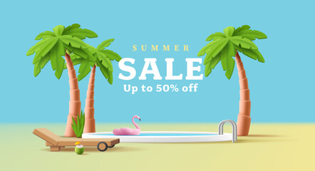 3d render illustration of a round swinning pool with flamingo swimming ring and palm trees with coconut cocktail and sunbed - obrazy, fototapety, plakaty