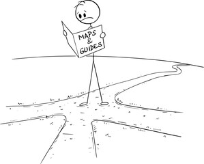 Person or Businessman on Crossroad Looking in Map , Vector Cartoon Stick Figure Illustration - 598316977