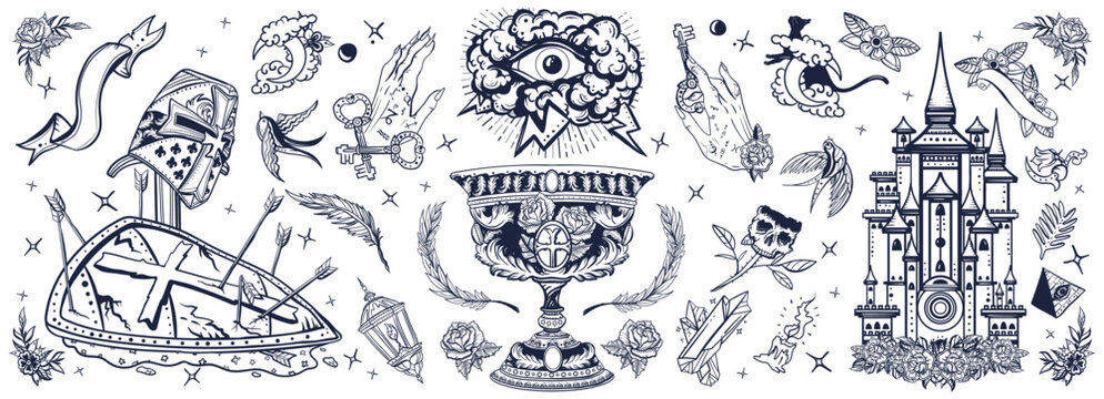 Warrior crusader, sacred holy grail, ancient castle, occult hands, all seeing eye, sword and arrows. Middle age art. Traditional tattooing style. Medieval old school tattoo black and white style