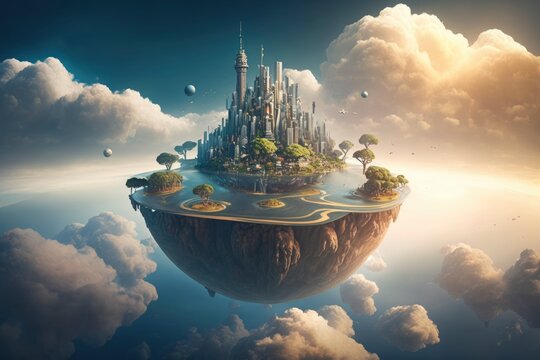 A futuristic city floating island on clouds background made with Generative AI