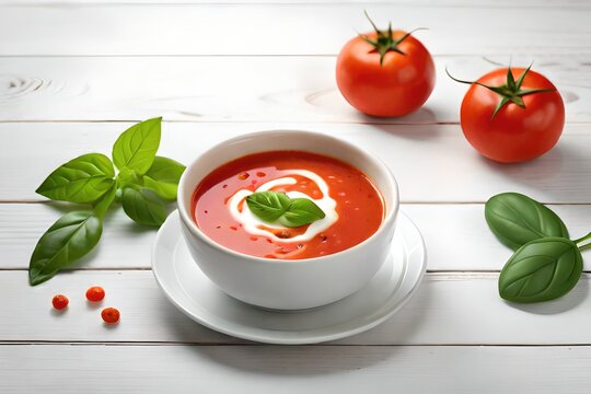 A comforting bowl of creamy tomato soup, made with fresh tomatoes, aromatic basil, and a touch of cream, perfect for a cozy meal. Generated by AI