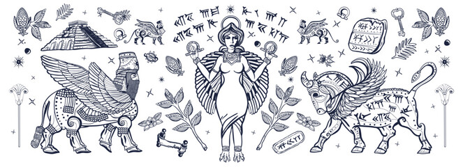 Old school tattoo collection. Ancient Sumerian Civilization. Mesopotamian goddess. Ishtar and Lamassu. Cuneiform writing, ziggurat. Assyrian culture. Gilgamesh legends black and white style