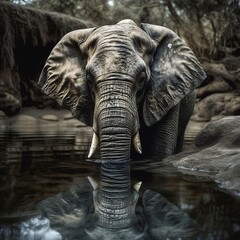 Un elefante bebiendo agua. Su reflejo se ve en el agua
