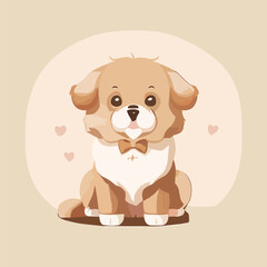 Cute cartoon golden retriever dog with bow tie and heart. Vector illustration.