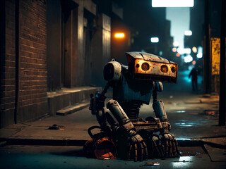 A homeless rusty worn out robot with a sad depressive expression on his face sitting on a street corner. Generative AI