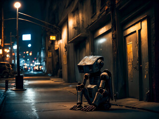 Fototapeta na wymiar A homeless rusty worn out robot with a sad depressive expression on his face sitting on a street corner. Generative AI