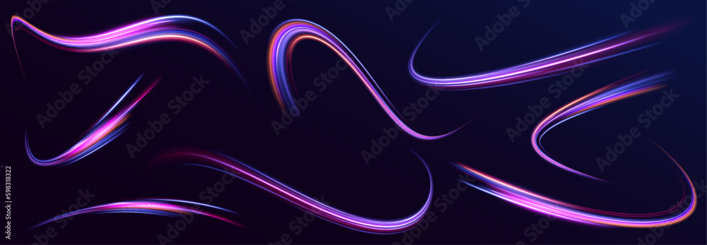 Poster Big data traffic visualization, dynamic high speed data streaming traffic. Neon color glowing lines background, high-speed light trails effect. Purple glowing wave swirl, impulse cable lines.