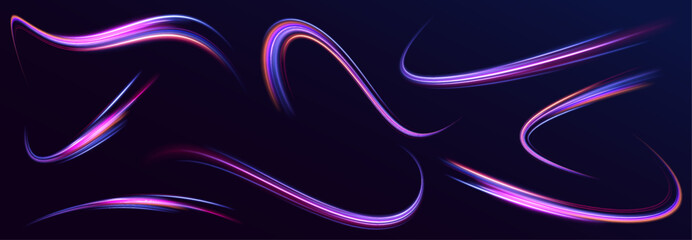 Big data traffic visualization, dynamic high speed data streaming traffic. Neon color glowing lines background, high-speed light trails effect. Purple glowing wave swirl, impulse cable lines. - obrazy, fototapety, plakaty