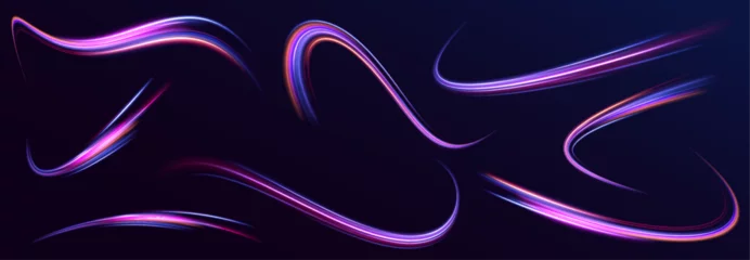 Fotobehang Big data traffic visualization, dynamic high speed data streaming traffic. Neon color glowing lines background, high-speed light trails effect. Purple glowing wave swirl, impulse cable lines. © Mirotvoric